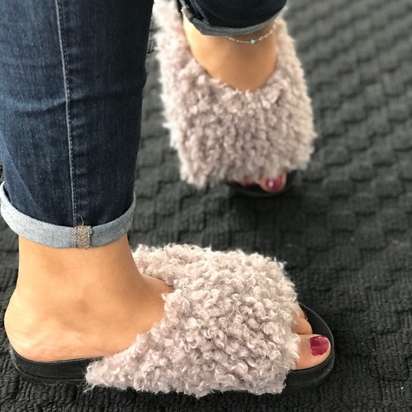 Ladies flatform fluffy faux fur slides. Olive - Picture 5 of 5